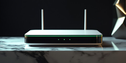 Sleek modern Wi-Fi router with green LED indicator lights on marble surface