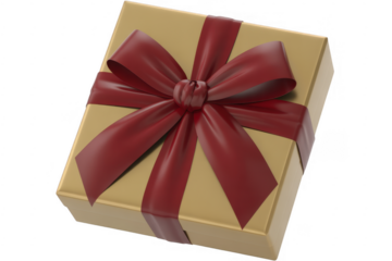 Gold gift box with red bow on black present wrapped isolated on a transparent background