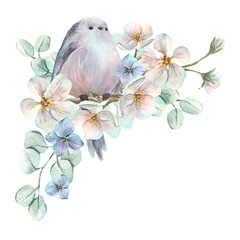 A long-tailed tit perched on a blossoming white apple tree with hydrangea flowers and eucalyptus branches. A delicate hand-drawn watercolor illustration for spring wedding and holiday designs.