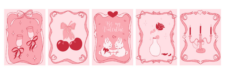 Valentine's Day card set. Vector hand drawn coquette illustration in vintage style. Print template with glasses, cherry, rabbits, rose in frames for poster, postcard, packaging, banner, ads, branding