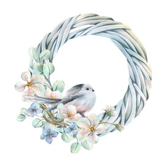 A watercolor wreath featuring a long-tailed tit. A hand-drawn spring floral frame with flowers. The illustration is perfect for Mother's Day, Women's Day, Valentine's Day, Easter, and weddings.