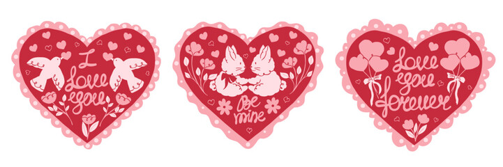 Valentine's Day hand made cards set. Heart frame in doodle lace style with romantic characters and lettering. Vector hand drawn illustration for postcards, invitations, ads, branding, gift