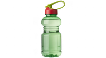 Green plastic water bottle with red cap and yellow handle isolated on a transparent background