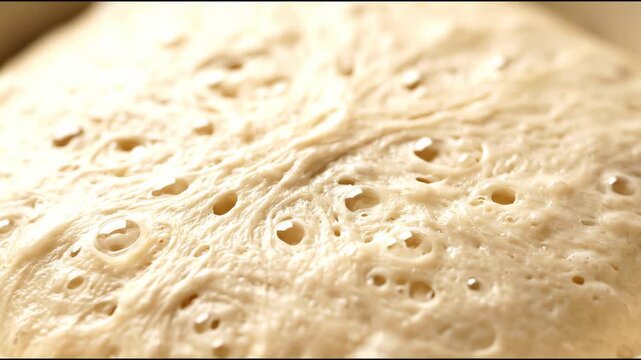 close-up of bubbly rising bread dough in a bowl highlights texture and yeast fermentation