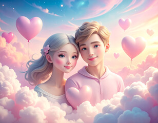 Stylized young couple portrait with heart balloons. Stylized romantic portrait of a young couple surrounded by floating heart balloons. Soft lighting and pastel tones create a dreamy Valentines Day mo
