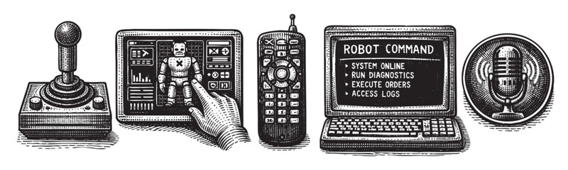 An illustrated robot control interface featuring a joystick, robot control screen, remote control, and microphone, all rendered in a detailed, monochrome style.