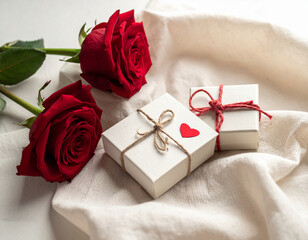 Two roses with white gift boxes. Two red roses with minimalist white gift boxes on soft textile background. Elegant Valentines Day composition symbolizing romance, purity, and heartfelt emotions.