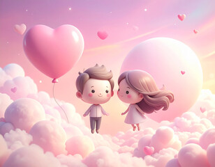 Adorable cartoon couple holding hands while floating among pastel clouds and hearts. Playful Valentines Day illustration representing innocent love and joy.