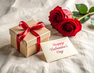 Kraft gift box with roses and Valentine card Wrapped kraft gift box with red ribbon, roses, and Valentines Day card on neutral fabric. Timeless romantic scene for love, gifting, and celebration concep