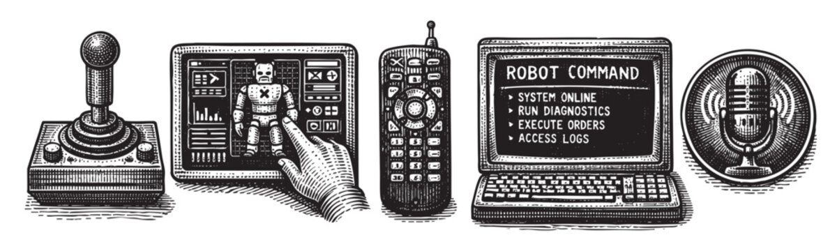 An illustrated robot control interface featuring a joystick, robot control screen, remote control, and microphone, all rendered in a detailed, monochrome style.