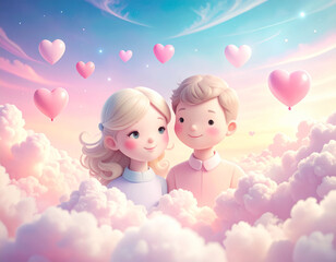 Cute illustrated couple among clouds and hearts. Whimsical illustration of a cute couple floating among clouds and heart balloons. Soft pastel colors create a dreamy Valentines Day love fantasy.