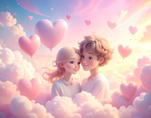 Cute illustrated couple cuddling in clouds. Cute illustrated couple cuddling gently among fluffy clouds and pink heart balloons. Soft pastel tones create a warm and joyful Valentines Day atmosphere.