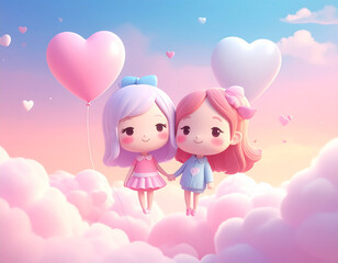 Sweet illustration of two girls holding hands among clouds with soft heart balloons. Pastel Valentines Day artwork celebrating friendship, affection, and emotional warmth.