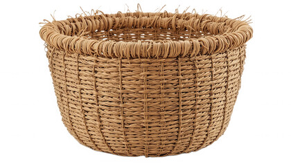 Obraz premium Beautifully woven round storage basket crafted from natural brown fibers with a distinct fringed rim edge on transparent background