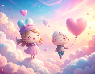 Playful cartoon illustration of two children floating among clouds with heart balloons. Whimsical Valentines Day artwork symbolizing joy, friendship, and innocent love.