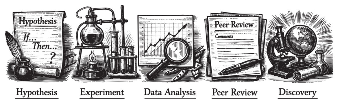 Engraving style illustration depicting the scientific method: hypothesis, experiment, data analysis, peer review, and discovery, ideal for science education materials.