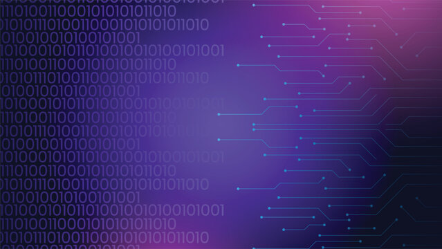 Futuristic abstract technology background with binary code pattern and digital circuit network lines on purple gradient ideal for data computing cyber and tech concepts