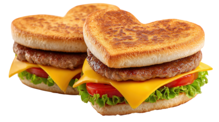 Two heart shaped hamburgers with cheese, tomato and lettuce on transparent view