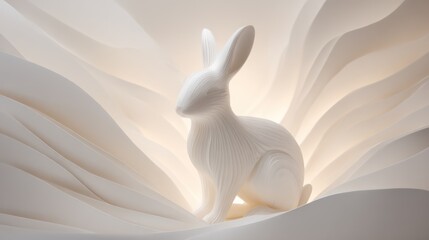 Elegant White Bunny Sculpture Nestled in Soft Layered Sands: High‑End Easter Greeting Card Concept with Gentle Light, Minimal Design, and Modern Spring Renewal