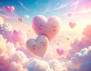 Smiling heart balloons floating in clouds. Whimsical illustration of smiling heart balloons floating in soft pastel clouds. Playful Valentines Day artwork symbolizing happiness, love, and warmth.