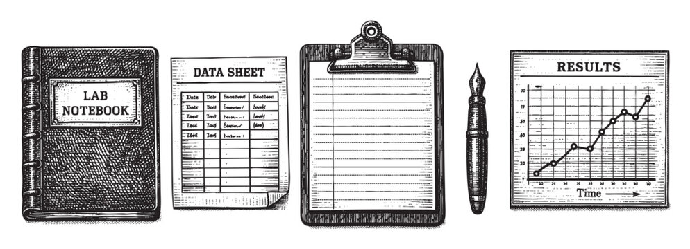 Sketch-style illustration featuring a lab notebook, data sheet, clipboard, fountain pen, and results graph on a clean white background, useful for scientific or academic concepts.