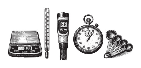 Detailed hand-drawn illustration of kitchen science equipment, including a scale, thermometer, PH meter, timer, and measuring spoons, on a white background.