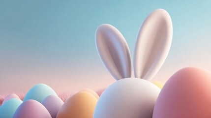 Fototapeta premium Pastel Easter Scene With Glossy White Bunny Ears Surrounded By Colorful Eggs In Soft Sunrise Pasture