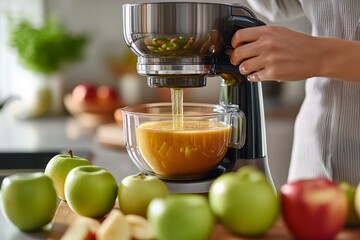 In a bright kitchen with a minimalist design, a woman skillfully uses a kitchen appliance to extract juice from fresh apples, surrounded by vibrant green and red fruits