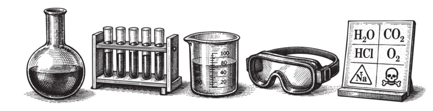 An intricate etched illustration showcases essential scientific equipment, including flasks, test tubes, goggles, and chemical symbols, set against a clean, white background.