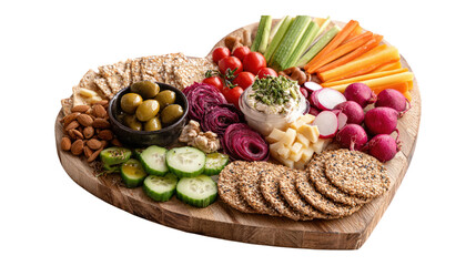 Wooden board in shape of heart filled with charcuterie snacks on transparent