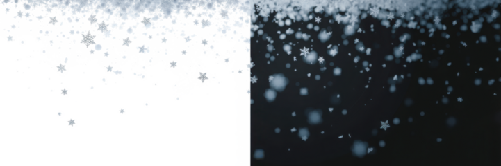 Night snowfall PNG abstract texture. White snowflakes falling on black, isolated effect for overlays, holiday backdrop, and photo editing. Realistic winter design in PNG format