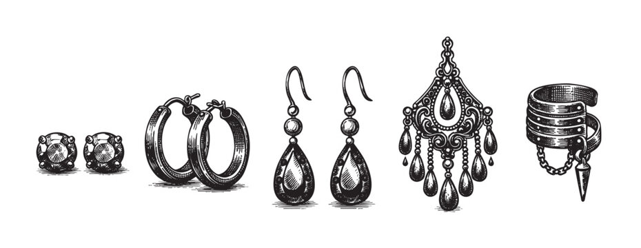 Black etched drawing showcases a variety of earring styles, including studs, hoops, drops, and cuffs, detailed on a clean white background.