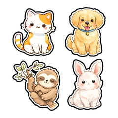 Fototapeta premium Cute Kawaii Animal Stickers Set Featuring Cat, Dog, Sloth and Bunny