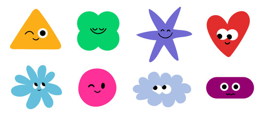 Fun geometric shapes with cute faces. Colorful set of square, circle, triangle, star, diamond, rectangle, oval, and scalloped shape. Doodle design for kids. Simple vector illustration.
