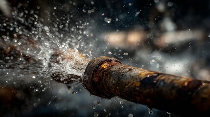 Rusty burst pipe spraying water, conveying urgent plumbing repair and emergency leak response.