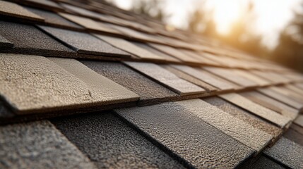 Close-up roof inspection showing asphalt shingle detail, texture and alignment, indicating condition assessment and potential maintenance need.