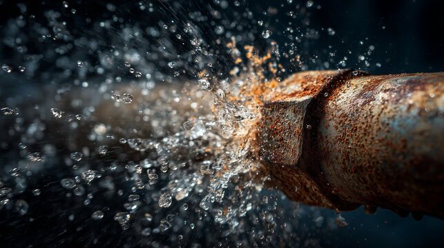 Rusty metal pipe burst spraying water, leak and water damage risk.