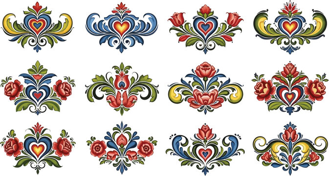 Set of twelve colorful Hungarian folk art floral heart ornaments traditional embroidery style isolated vector design elements
