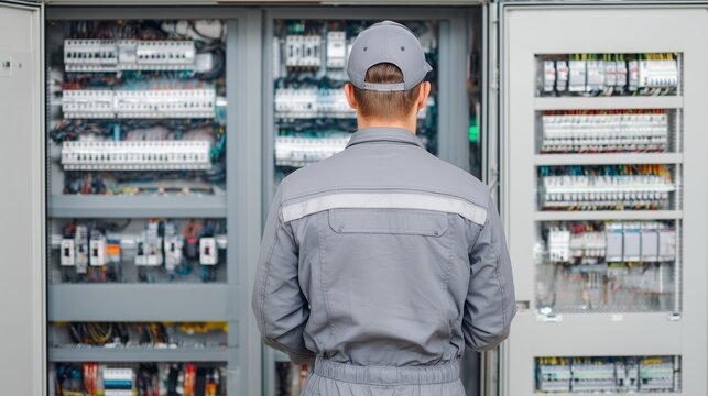 Electrician conducting inspection at open electrical panel following safety protocol with protective clothing and organized wiring, symbolizing risk assessment and compliance.