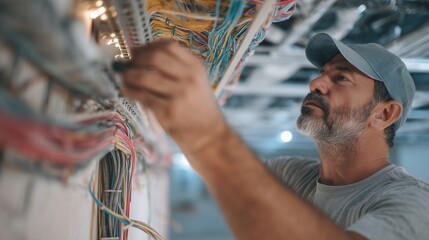 Electrician installing and organizing network cabling in a junction panel, managing cable termination and patching for structured data and voice network.