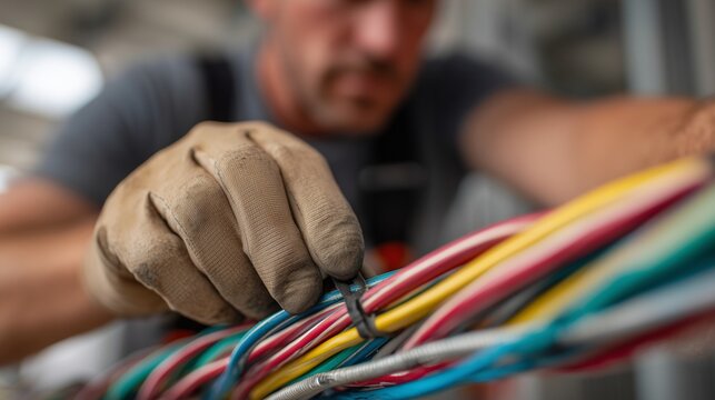 Electrician installing network cable bundle, inspecting color-coded wire and connector for structured cabling and data network setup.