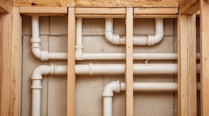 Pvc plumbing pipe installed in wall framing for water and drain routing, showing elbow, tee and coupling connection in timber stud cavity.