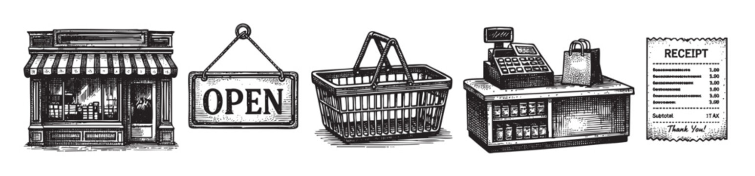 A monochrome engraved illustration of a grocer store with an open sign, basket, cash register, and receipt, conveying a feeling of shopping.