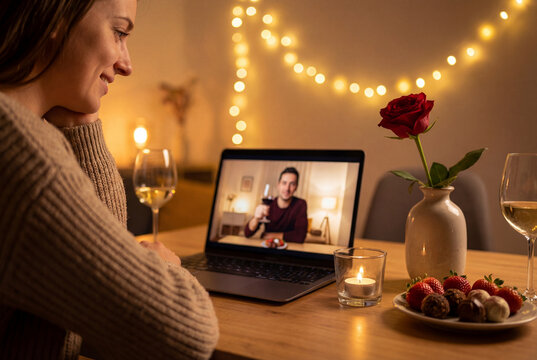 Woman on laptop video call for long-distance Valentine date at home