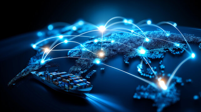 Artificial intelligence and international logistics concept visualization featuring world map with interconnected supply chain network and container vessel for import-export operations,