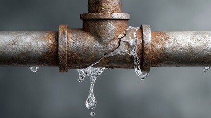 Rusty cracked metal pipe leaking clear water drop, symbolizing plumbing failure and urgent repair need.
