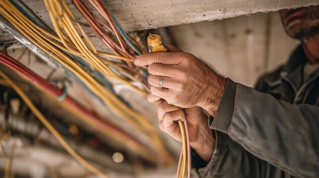 Electricity emergency repair, technician hand holding insulated wire amid exposed cable bundle in ceiling space, urgent troubleshooting and restoration.