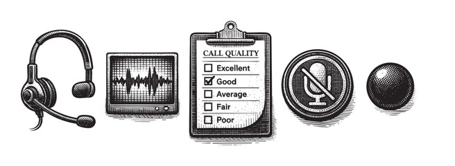 Detailed line art illustration depicting call center performance with a headset, quality checklist, waveform monitor, microphone mute symbol and black dot.