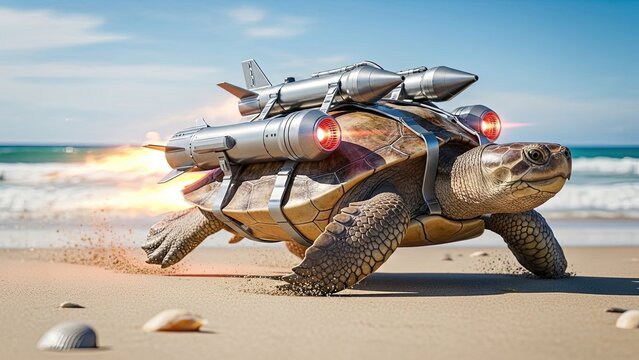 Turtle with rocket propelled device on beach concept of speed and technology