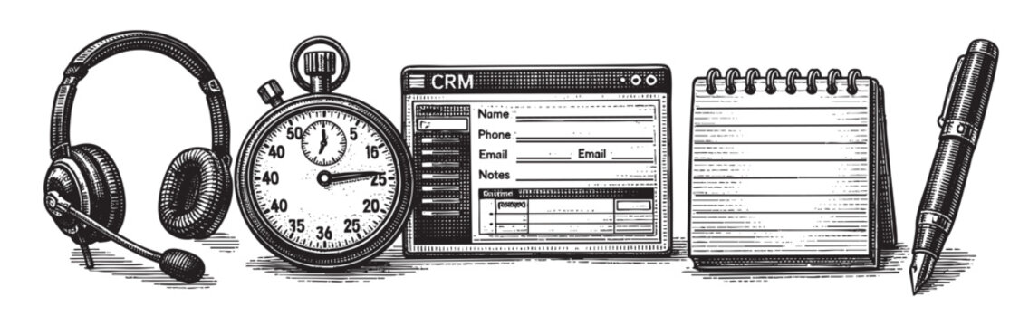 Line art depicts call center tools: headset, timer, CRM data entry app, notebook, pen, symbolizing productivity and efficient customer relationship management.